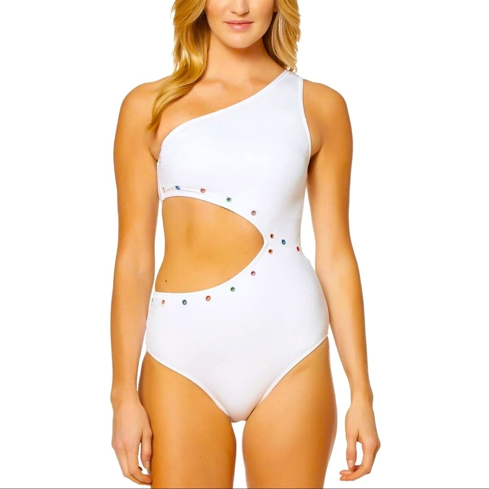 BNWT Jessica Simpson Embellished White One-Shoulder Cutout Swimsuit L